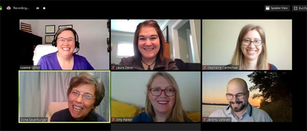 photo shows screen of webinar with all panelists laughing (top row from left: Leanne Grillot, Laura Zierer, Stephanie Carmichael; bottom row Dona Sauerburger, Amy Parker, Jeremy Cerafatti) 